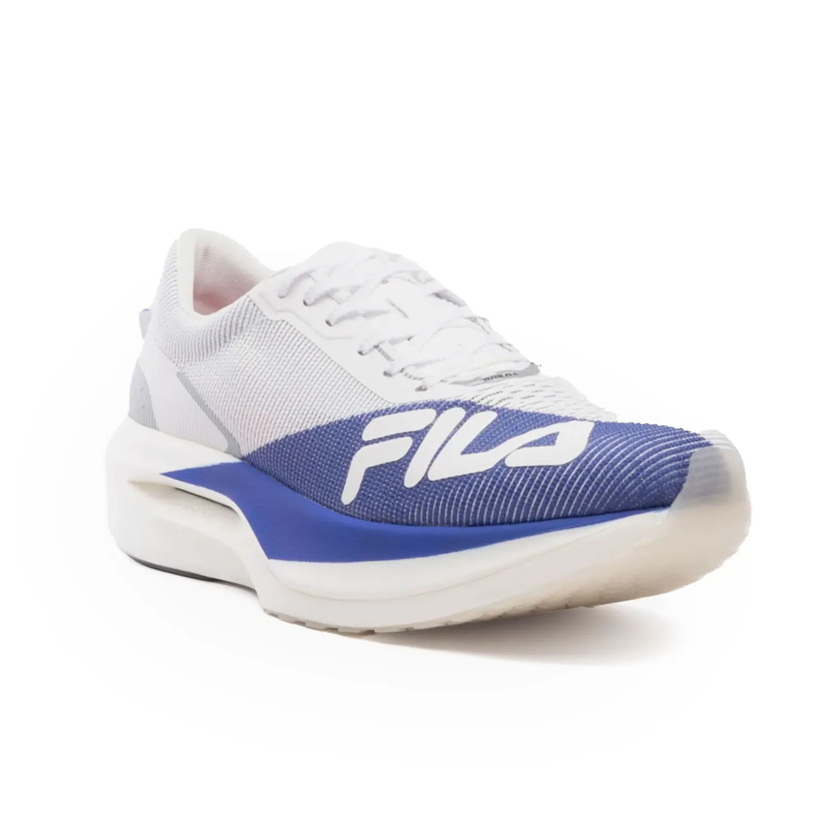 Tênis de corrida feminino branco com detalhes azuis, ideal para corrida e treino